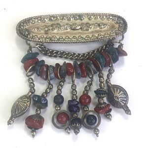 Vintage Artisanal Handcrafted Natural Stone Brooch Pin Hammered Floral